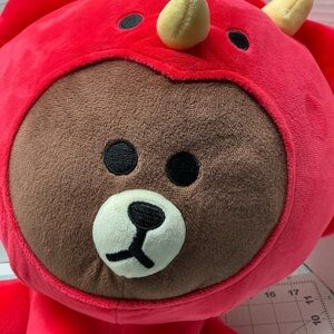 Adorable Red and Brown Stuffed Bear with Horned Hood